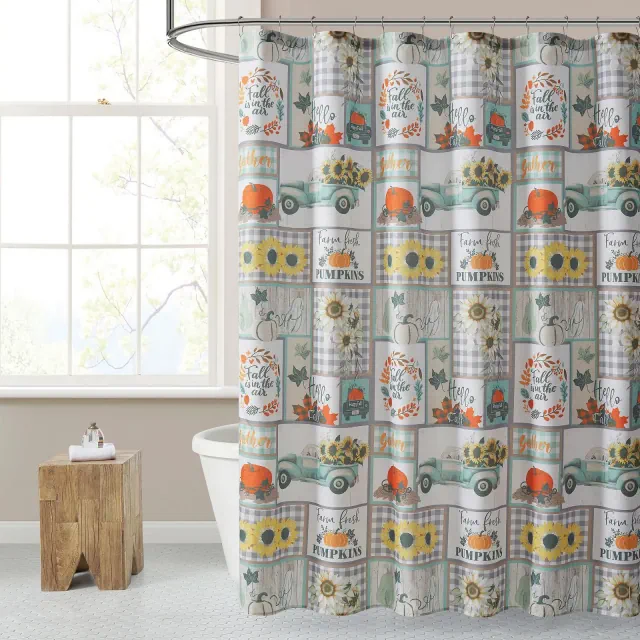 Kate Aurora Autumn Accents Plaid Patchwork Fall Pick Up Trucks & Pumpkin Patch Fabric Shower Curtain - Standard Size