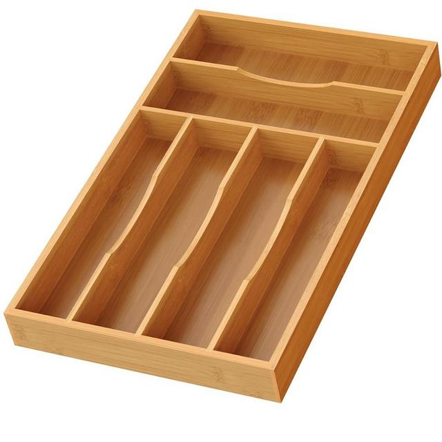 Bayting Bamboo Silverware Organizer, Bamboo Kitchen Drawer Cutlery Organizer, Utensil Holder, Flatware Organizer Tray (15.8"x9.5"x1.6")