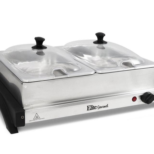 Elite Gourmet EWM-6122 Dual Server Food Warmer, Adjustable Temp For For Parties & Holidays, 2 x 2.5Qt Buffet Trays with Slotted Lids Perfect for Parties, Entertaining & Holidays, Stainless Steel