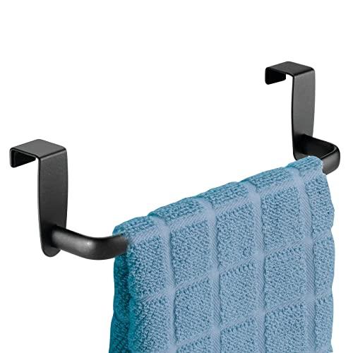mDesign Modern Kitchen Over Cabinet Strong Steel Towel Bar Rack - Hang on Inside or Outside of Doors - Storage and Organization for Hand, Dish, Tea Towels - 9.2" Wide - Matte Black