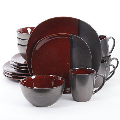 Gibson Overseas, Inc. 109009.16RM Gibson Elite Volterra 16 pc Soft Square Dinnerware Set with Reactive Glaze Stoneware, Red and Grey, 1