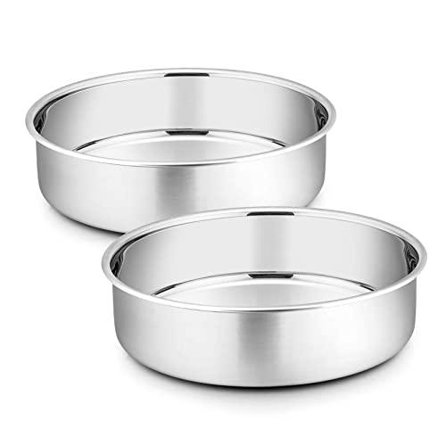 8 Inch Cake Pan Set, P&P CHEF 2-Pieces Stainless Steel Round Oven Baking Pans for Birthday Wedding, Heavy Duty & Non Toxic, Mirror Polished & Dishwasher Safe