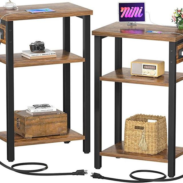 Aheaplus End Table Set of 2 with Charging Station, 3 Tier Slim Side Table with Storage Shelf, Narrow Bedside Nightstand with USB Ports & Outlets, Sofa Side Table for Bedroom, Living Room, Rustic Brown