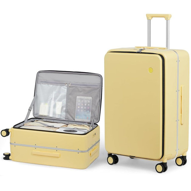 mixi 24 Inch Checked Luggage PC Hard Shell Suitcase Top Opening Aluminum Frame Travel Suitcases with Wheels, Lark Yellow
