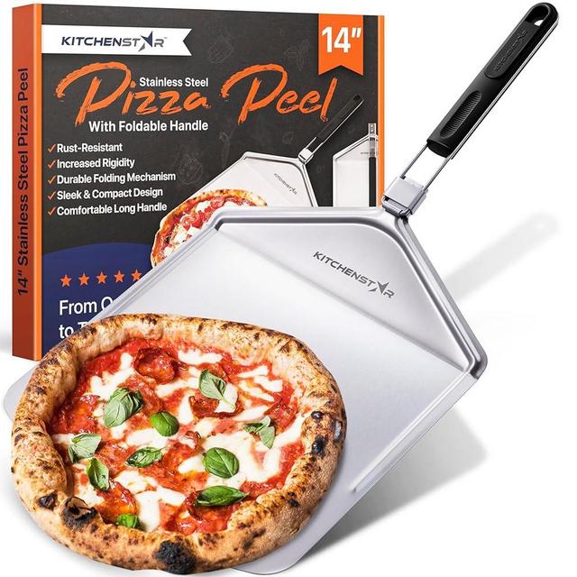 14" Pizza Peel with Long Folding Handle - Stainless Steel Spatula Paddle for Effortless Pizza Transfer & Easy Storrage - Outdoor Pizza Oven Accessories