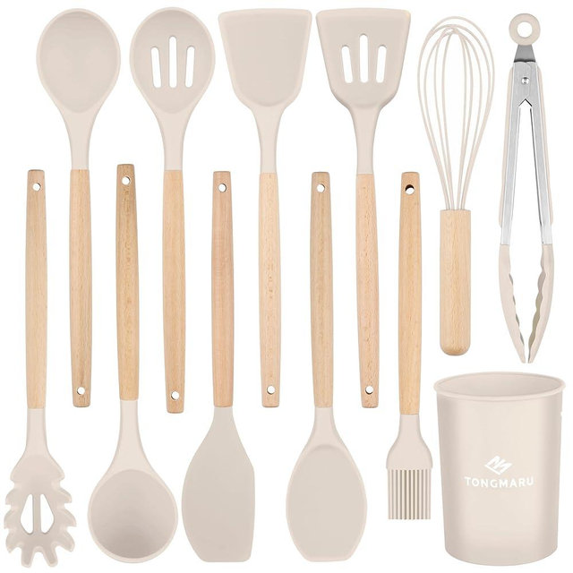 Silicone Cooking Utensils Set, Premium Beech Wood Handle Kitchen Gadgets Utensil Set, Non-Stick Kitchen Utensils Spatula, Tongs, Turner, Whisk, Brush, Spoon, BPA FREE, 446°F Resistant (Khaki)