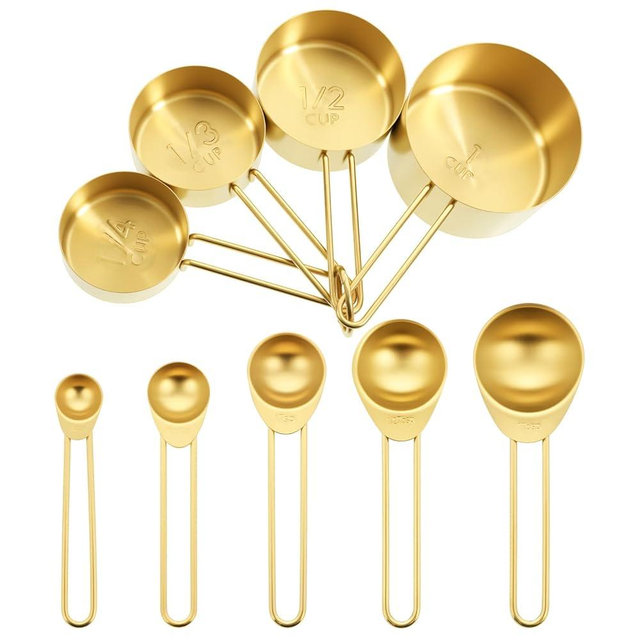 9pcs Golden Stainless Steel Measuring Spoons Cups Set Metal Measuring Cups for Dry Or Liquid Ingredients Measurement Universal Measurings Cup for Kitchen Dry & Liquid Cooking Baking