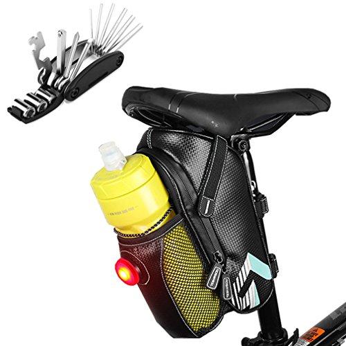 iGoods Bicycle Bike Seat Bag With LED Taillight&Water Bottle Holder&Repair Tool for Mountain Road MTB Cycling Riding, Bike Tail Bag Pouch Pack, Under Seat Bike Tool Storage Rear Bag Gear