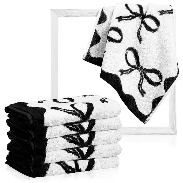 Coume 6 Pcs Bow Washcloths 100% Cotton Wash Cloths 13" x 13" Coquette Small Face Towels Absorbent Soft Preppy Wash Cloths & Hand Bath Towels for Bathroom, Spa, Kitchen Drying Cleaning (Black)