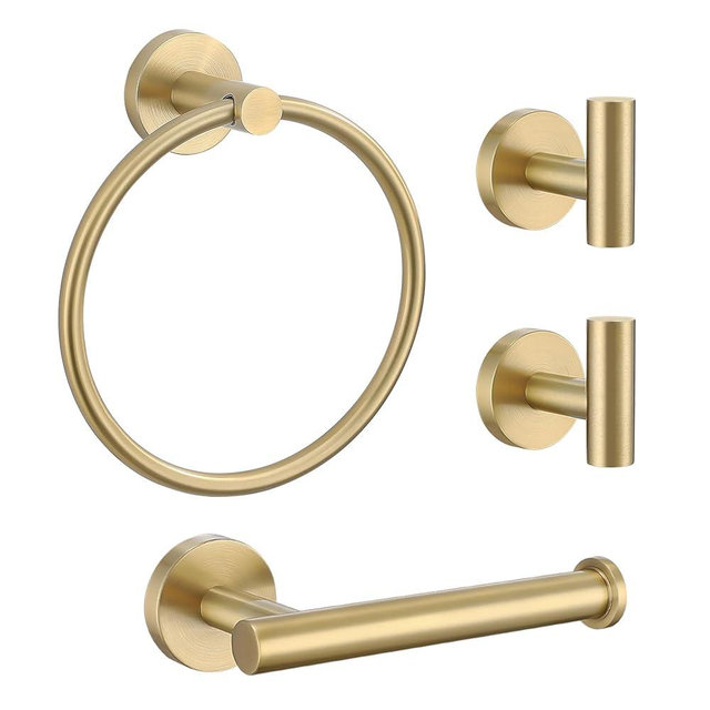 Lairuier Bathroom Hardware Set, 4-Piece Towel Bar Set Include Toilet Paper Holder,Towel Ring and 2 Towel Hooks Stainless Steel Wall Mounted Bathroom Hardware Accessories Set (Brushed Gold)