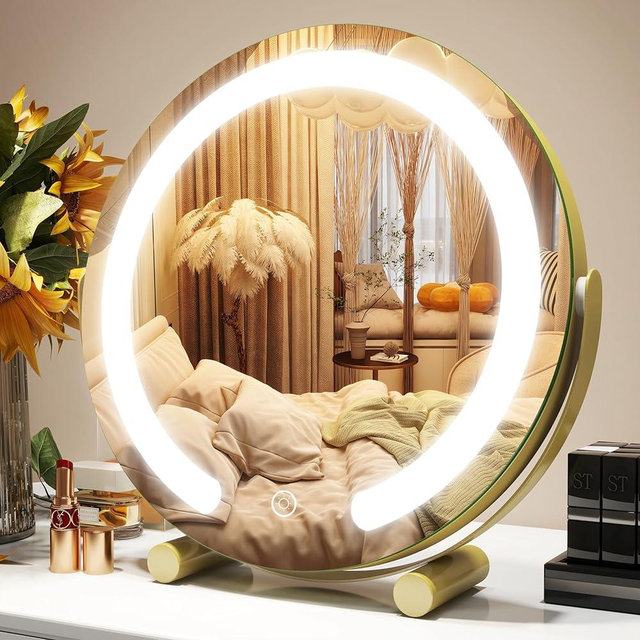 ROLOVE Gold Vanity Mirror, 12 Inch Makeup Mirror with Lights, Large Lighted Vanity Mirror, Light Up Mirror with Smart Touch 3 Colors Dimmable, Tabletop, 360° Rotation