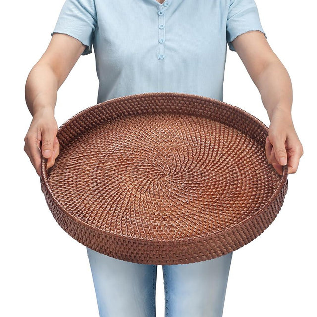 16.9 inch Round Rattan Tray, Woven Large Serving Tray with Handles, Wicker Serving Basket, Coffee Table Decor for Living Room, Reddish-Brown