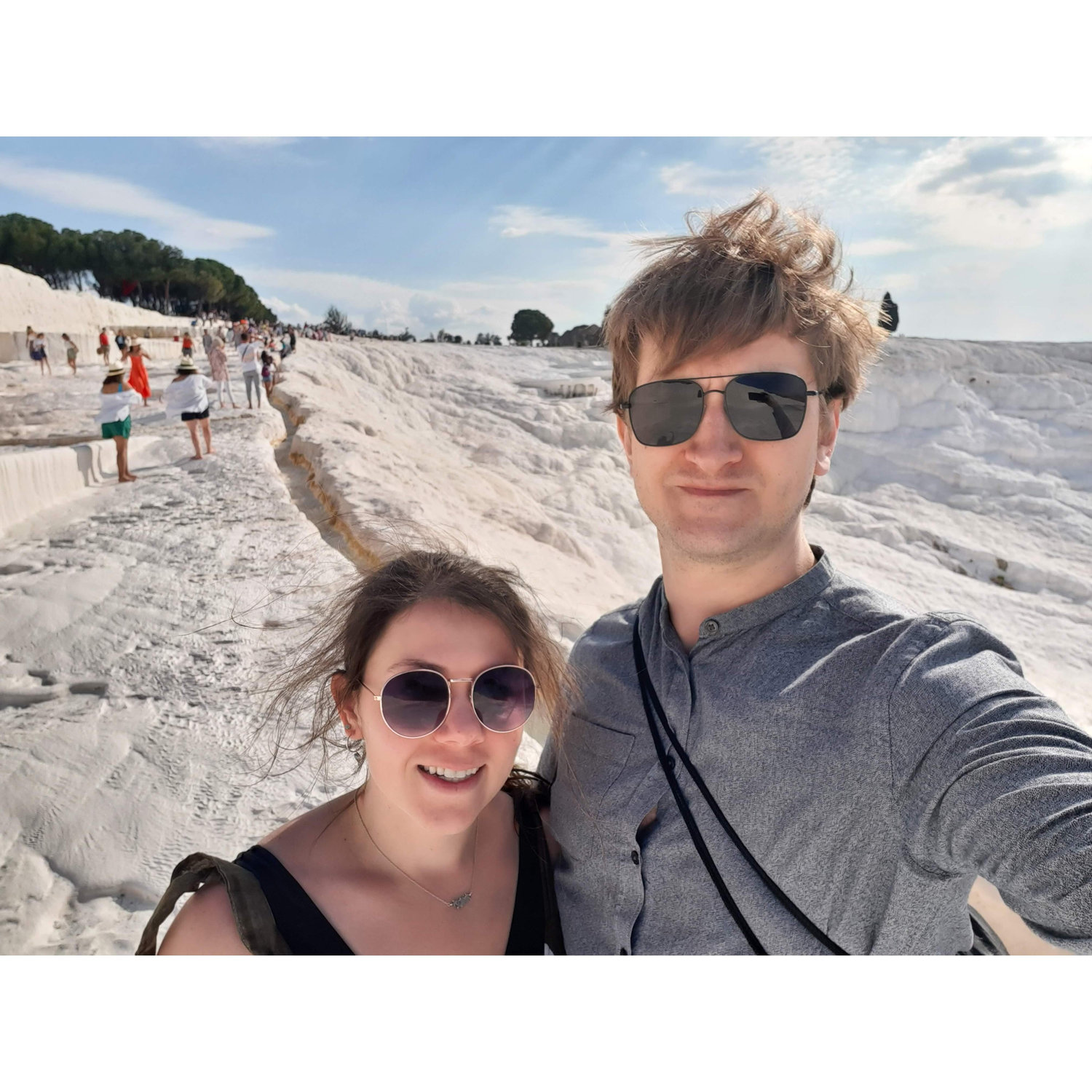 Blair and Nick hiking up Pamukkale in Turkey