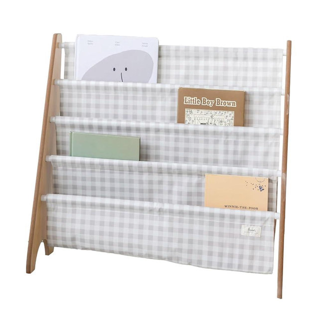 3 Sprouts Kids Bookshelf with Recycled Fabric - 4-Tier Sling Storage for Kids Rooms Holds 35 Titles - Toddler Organizer for Ages 3+ - Gingham Beige