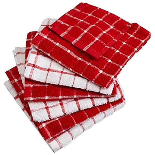 DII 100% Cotton, Machine Washable, Ultra Absorbant, Basic Everyday 12 x 12" Terry Kitchen Dish Cloths, Windowpane Design, Set of 6- Red