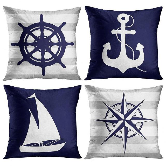 Emvency Set of 4 Throw Pillow Covers Summer Nautical Costal Navy Blue White and Gray Stripe Helm Anchor Boat Star Decorative Pillow Cases Home Decor Standard Square 18x18 Inches Pillowcases