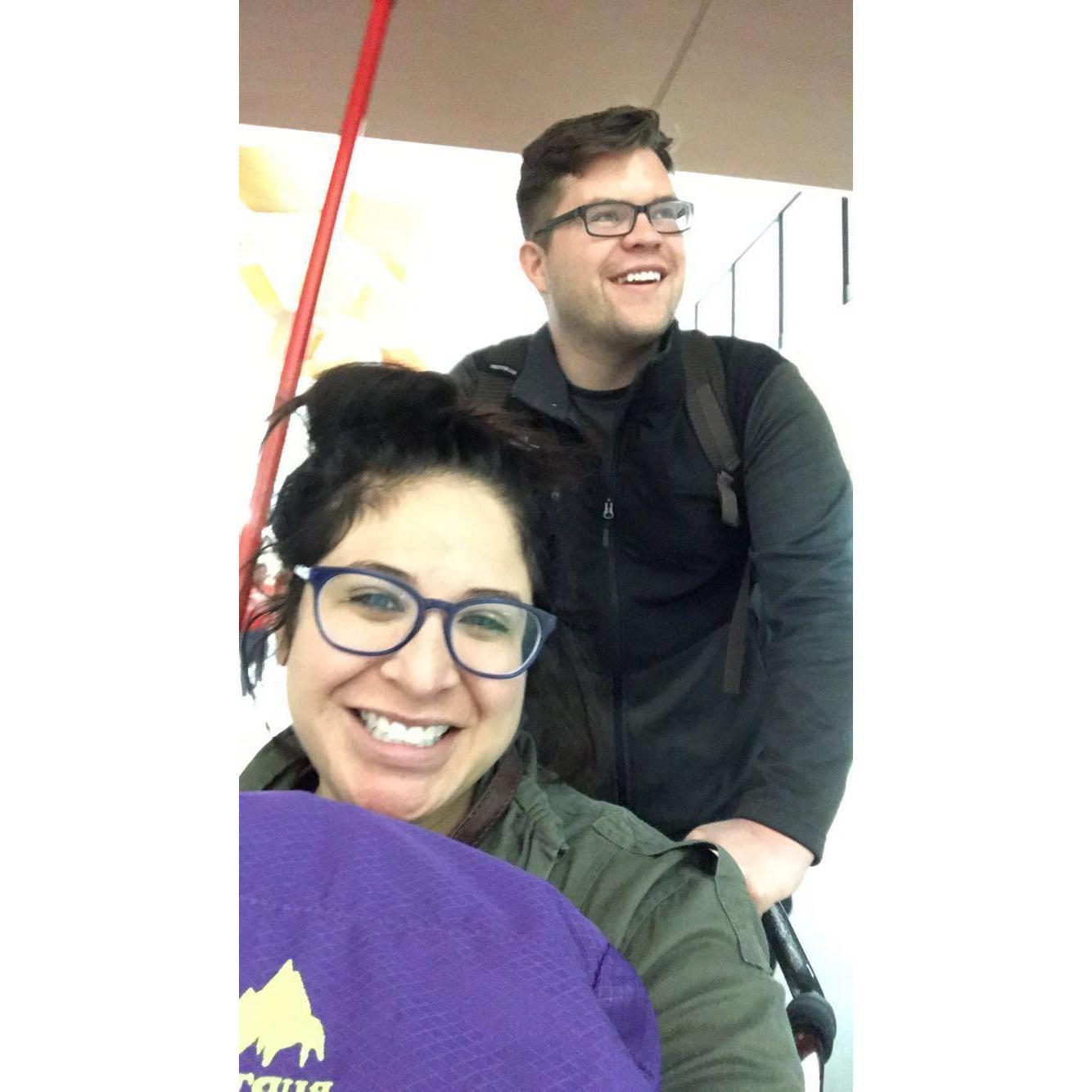 That time Alex sprained both of her ankles at the same time (badly!) in New Orleans and Colin had to push her through the airport, Spring 2018