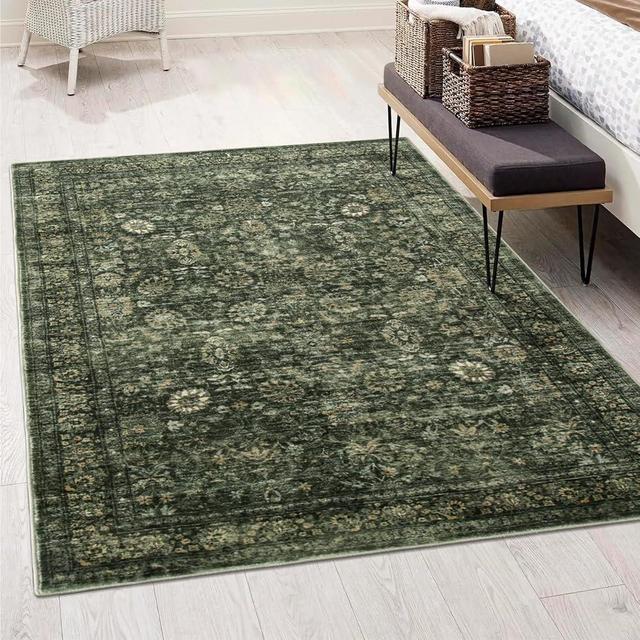 Morebes Vintage Living Room Rugs 6x9,Washable Large Green Area Rug Non Slip,Distressed Soft Floral Dorm Rug Boho Mat,Indoor Accent Floor Carpet for Nursery Kitchen Coffee Table Dining