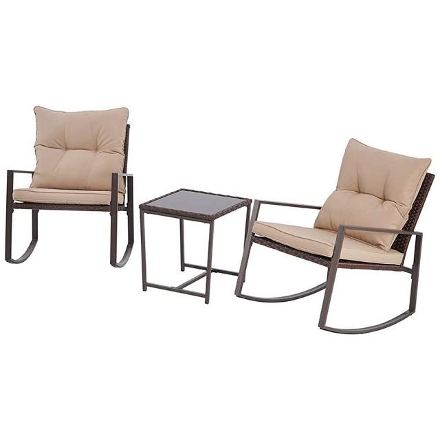 SOLAURA Outdoor Furniture 3-Piece Rocking Bistro Set Brown Wicker with Soft Cushions & Glass Coffee Table for Yard and Bistro(Brown)