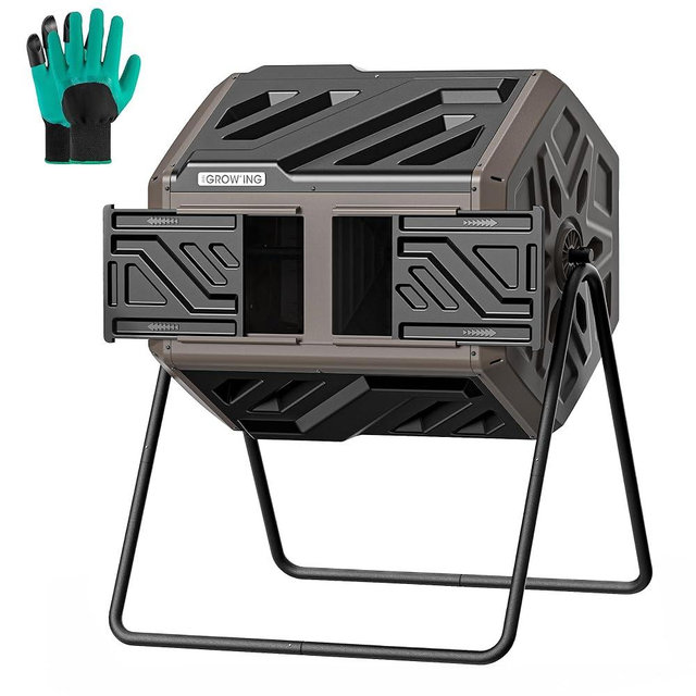 THEGROW'ING Updated 43 Gallon Compost Bin Outdoor, Fast Assemble Tumbling Composter, Dual Chamber Composter Tumbler, Rotating Compost Bin for Outside, Backyard, Garden and Yard, Coffee