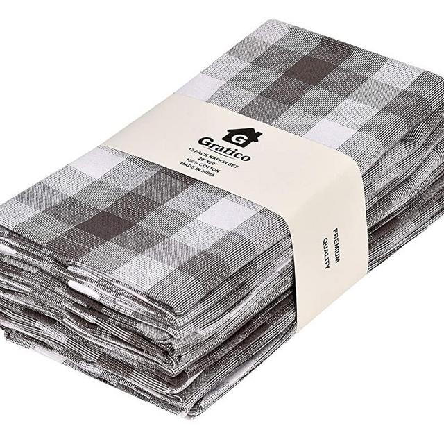 Gratico Dinner Napkins, Everyday Use, Premium Quality,100% Cotton, Set of 12, Size 20X20 Inch, Grey/White Over Sized Cloth Napkins with Mitered Corners, Ultra Soft, Durable Hotel Quality