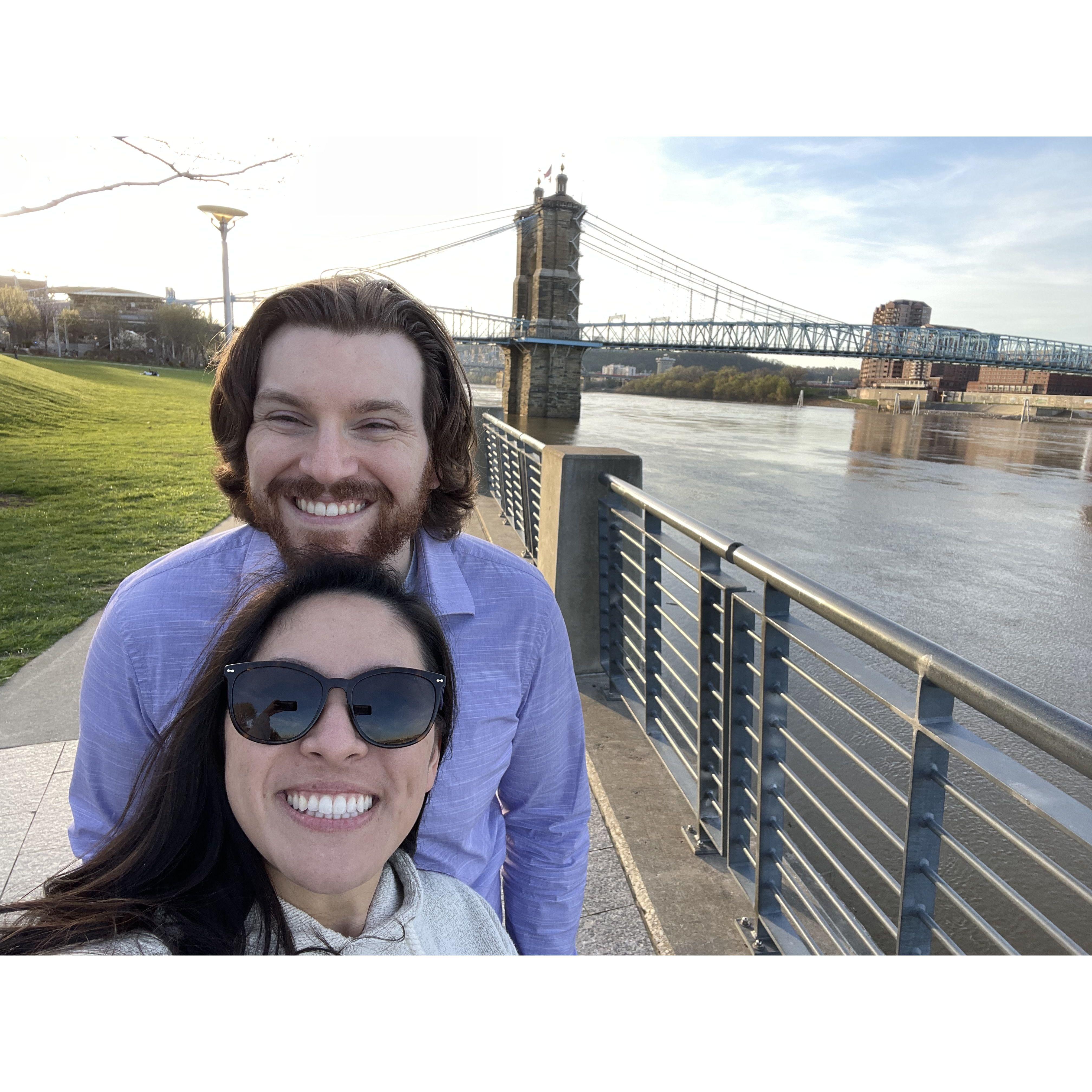 The Ohio River, in the background, begins at Pittsburgh, PA and ends at Cairo, IL and empties into the Mississippi. The average depth is 24 feet and the deepest section is 130 ft near Louisville, KY.