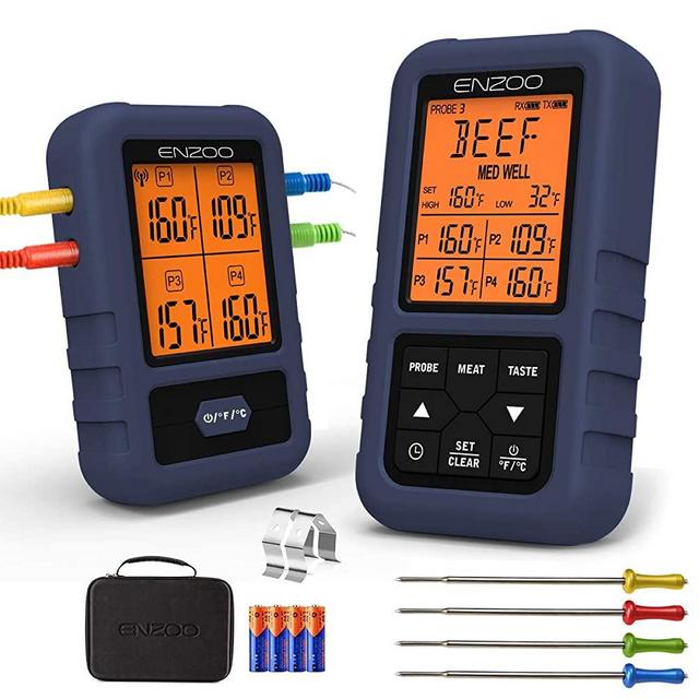 Meat Thermometer, ENZOO Wireless Meat Thermometer for Grilling, Ultra Accurate & Fast Digital Meat Thermometer with 4 Probes, 500FT Meat Thermometer for Smoker, Carring Case Included