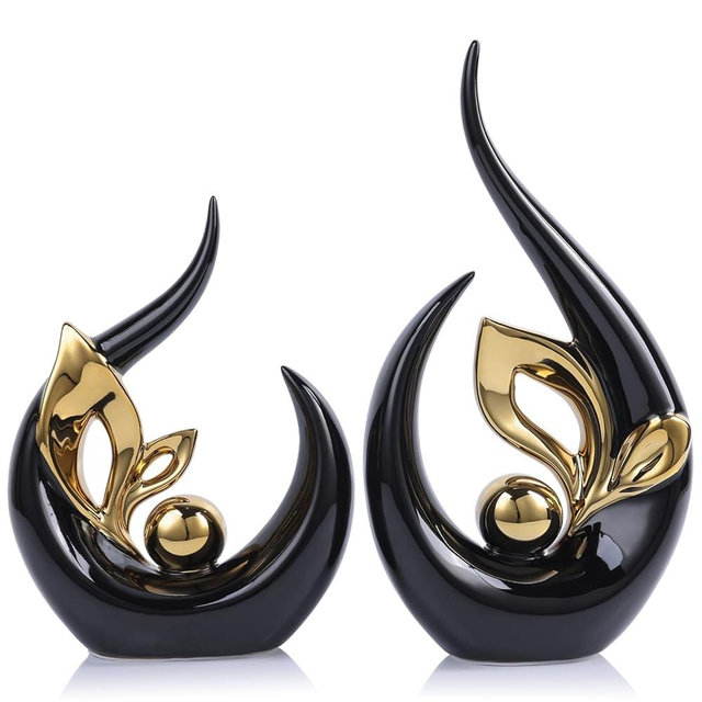 13" H Home Decor Stand Abstract Art Black Gold Ceramic Statue Sculpture, Modern Decor Accents Table Centerpieces for Room Living Entrance Office Coffee Table Kitchen Bathroom Dining Table Shelf
