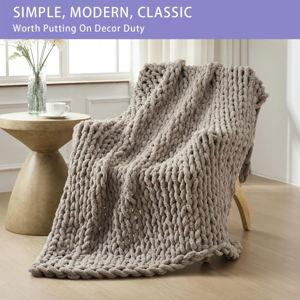 Chunky Knit Throw Blanket for Couch, 60x80 inches, 100% Hand Knitted with Thick Jumbo Chenille Yarn, Cozy Soft Large Rope Knot Cable Crochet Blankets for Sofa Bed Living Room, Taupe
