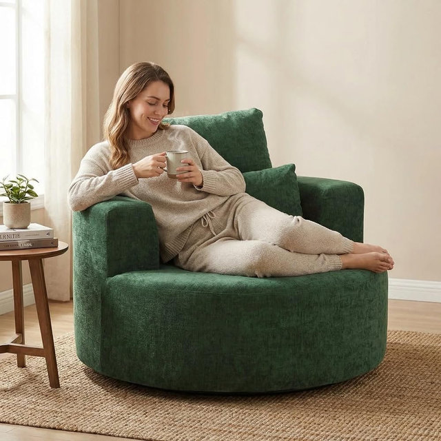 Furnimart Oversized Barrel Accent Chair, 360° Swivel Round Upholstered Sofa, Chenille High-Resilience Sponge, No Assembly Wide Seat for Living Room, Bedroom, Apartment (Green)