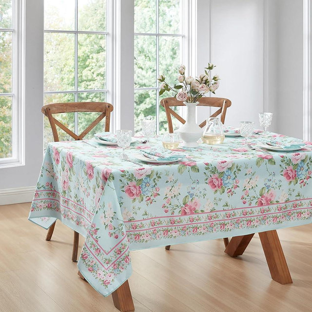 Elrene Home Fashions Spring Summer Vintage Floral Garden Cottage Border Fabric Rectangle Tablecloth, 52"x70"