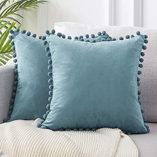 Top Finel Decorative Throw Pillow Covers for Couch Bed Soft Particles Velvet Solid Cushion Covers with Pom-poms 18 x 18 Inch 45 x 45 cm, Pack of 2, Pale Blue