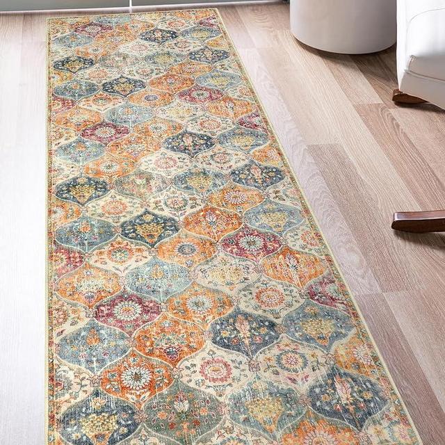 Lahome Moroccan Kitchen Runner Rug - 2x7 Runner Rugs with Rubber Backing Non Slip Vintage Washable Rug Runner Ultra-Thin Throw Carpet Runners for Hallways Bedroom Laundry Room(2'x7', Cream/Multi)
