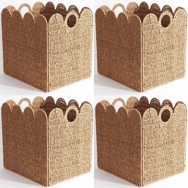 Quincry Scalloped Wicker Storage Cubes Basket, 12”x12“ Heavy Duty Paper rope/Hyacinth/Seagrass Baskets for Shelves, Foldable Natural Boho Square Bins (Renewable Paper Rope, 4PC)