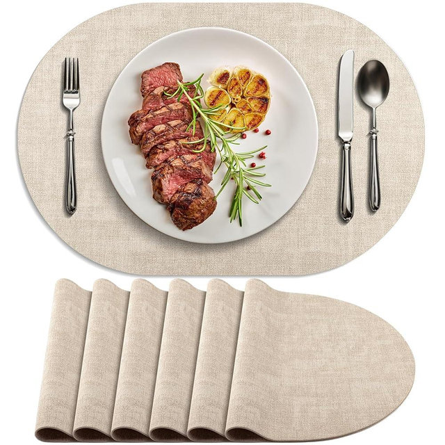 BARTHKIT Placemats for Dining Table Set of 6 Non-Slip, Heat Resistant Oval Leather Placemat Double Layer, Waterproof Table Mats Easy to Clean for Kitchen Dining Room Coffee Office Table, Beige