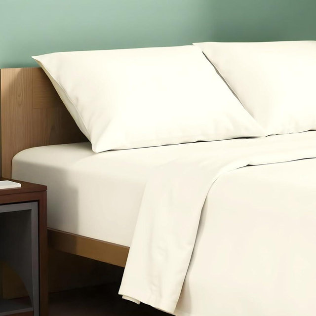 TEXAS LINEN CO. 100% Organic Cotton Percale Sheets King Size - Cotton Percale Sheets King, 4 Piece King Percale Sheet Set, Crisp, Cooling Bed Sheets, 16" Deep Pocket Hotel Sheet King Size - Ivory