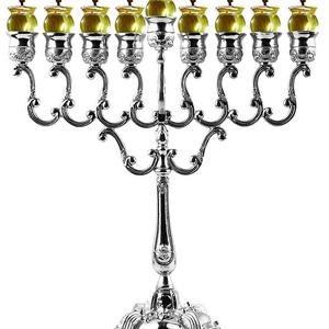 Extra Large Silver Plated Oil Menorah - Fits Standard Chanukah Oil Cups and Large Candles - Olive Branches - 21.5” High - by Ner Mitzvah