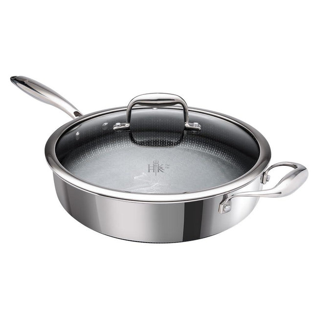 Hell's Kitchen Hybrid 4 Qt Sauté Pan and lid, Tri-Clad Stainless Steel and Nonstick Ceramic, PFAS Free, no PFOA, no PTFE, no Teflon, Non Toxic Cookware, Metal Utensil Safe, All Cooktops and Oven Safe