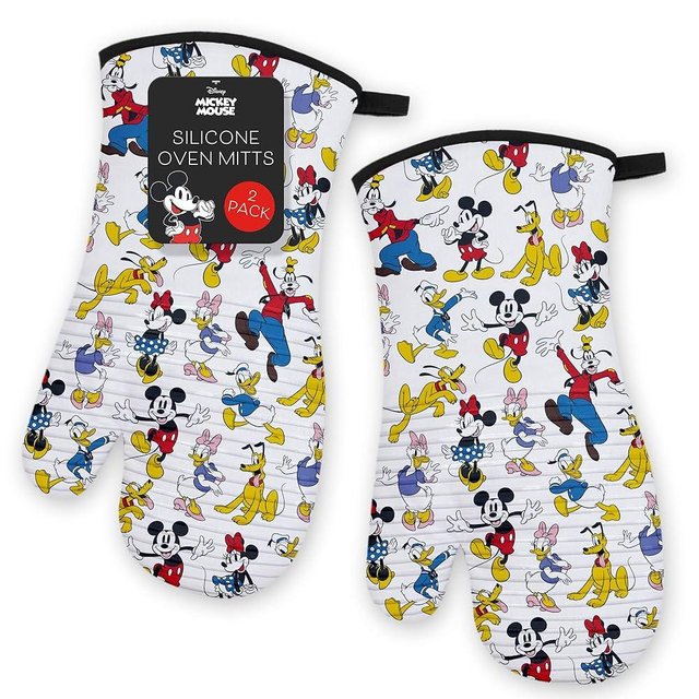 Disney Silicone Oven Mitts Heat Resistant – Set of 2 Long Cuff Cotton Kitchen Mitts with Silicone Grip Stripes, Cute Oven Mitts & Pot Holders for Cooking, Baking & Kitchen Essentials –Mickey & Friends