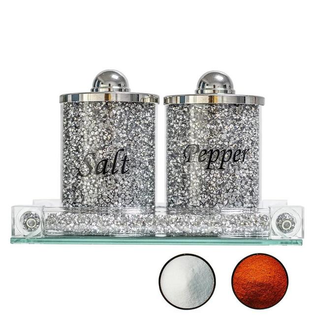HMRCYTE Crystal Salt and Pepper Shakers Set of 3, Silver Kitchen Seasoning Storage Canister with Mirror Tray, Crushed Diamond Home Decor, Glass Salt Pepper Jar for Kitchen, Dining Table, Restaurant