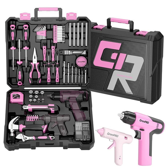 GRENPRO Pink Tool Set Drill Set, 188PCS Tool Kit For Home with Pink Cordless Drill Power, Hand Tool Kit for Women, Basic Household Auto Car Repair Tool Box for Men, Portable Storage Box Tools Sets