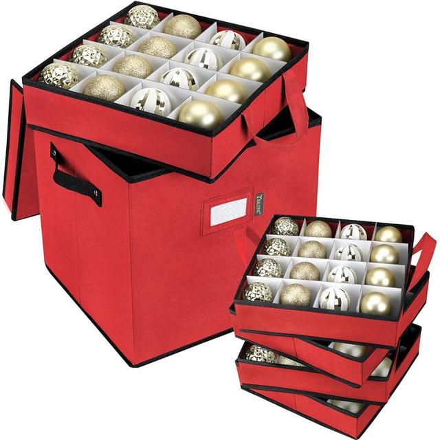 BALEINE Christmas Ornament Storage Box with Dividers, Premium Holiday Ornaments Storage Container Bin for Xmas Decorations (64 Ball, Red)