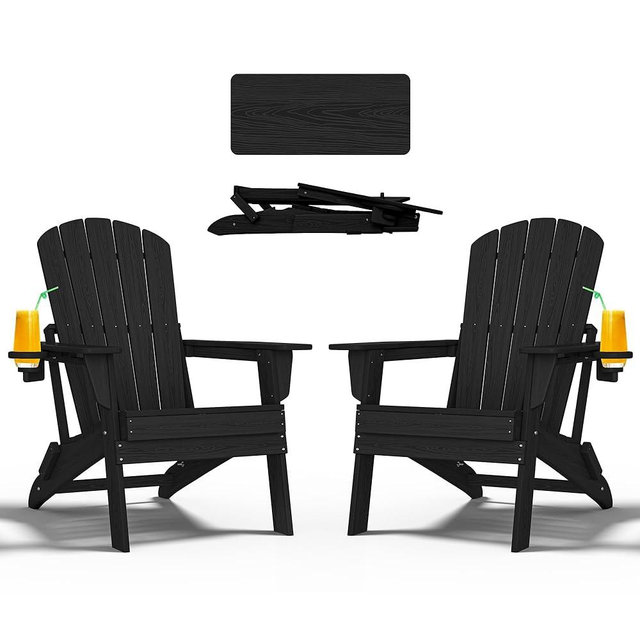 nevilywood Folding Adirondack Chair - Extended Ergonomic Backrest, Cup Holder - Easy Assembly - Durable HDPE Plastic, Weather Resistant & Maintenance-Free - Lawn, Patio, Deck Supports 400lbs Black