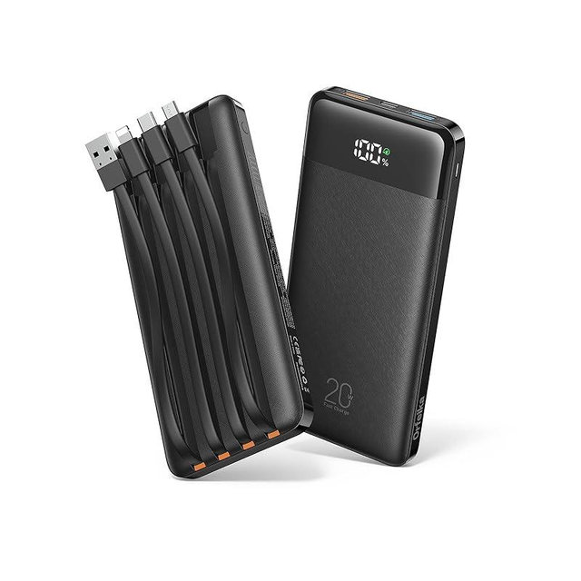 Orfeika 20000mAh Power Bank Fast Charging, Portable Charger with 4 Built-in Cables & 6 Outputs, 20W PD USB C Battery Pack Compatible with iPhone 16/15, Galaxy, Android, iPad & More (Travel Essential)
