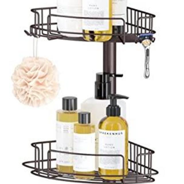 EZFurni Rustproof Corner Shower Caddy, 4 Shelves for Storage Bathroom Accessories Organizer, Extend 53 to 113 Inch Tension Pole, Bronze