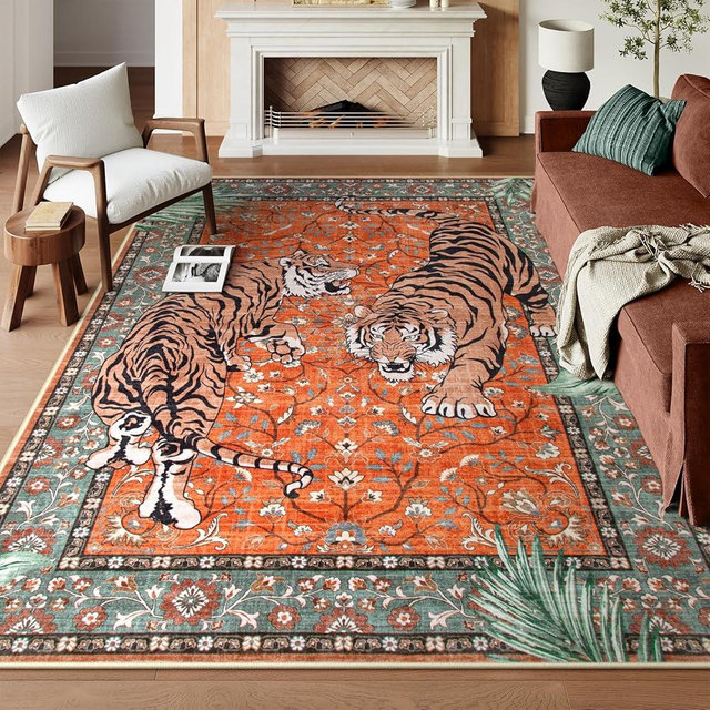 Moynesa Tiger Washable Area Rug, 9x12 Living Room Rug, Vintage Non Slip Large Rug for Dining Room, Ultra Thin Boho Soft Stain Resistant Indoor Carpet for Bedroom Guest Room, Rust