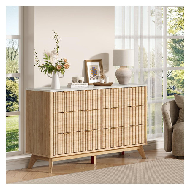 Fluted 6 Drawer Dresser for Bedroom, Modern Chest of Drawers with Metal Handle, Curved Profile Design, Wood Storage Organizer, Natural