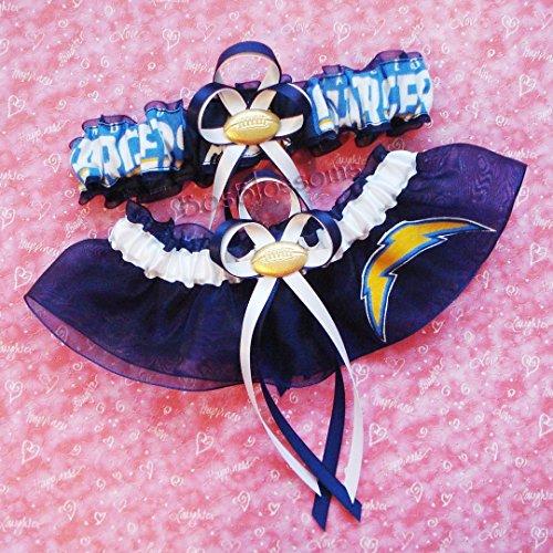 Customizable - San Diego Chargers fabric handmade into bridal prom navy organza wedding garter set with football charm