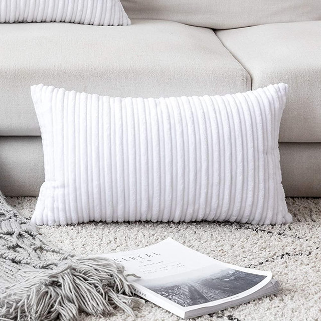 UGASA Velvet Pillow Covers Striped, Decorative Throw Cushion Case with Hidden Zipper for Home Couch/Bedroom/Car, Soft Cozy Solid Oblong, 1 Piece (12"x20", Pure White)