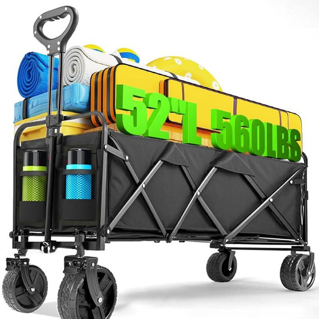 Joxir 52" L Collapsible Wagon Cart Foldable, 300L 560lbs Weight Capacity, Heavy Duty Beach Wagon with Big Wheels, Shopping Carts for Grocery, Camping, Shopping, Beach, Garden Cart